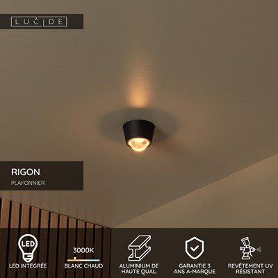 Lucide RIGON - Plafonnier - Ø 9 cm - LED - 1x6W 3000K - Noir